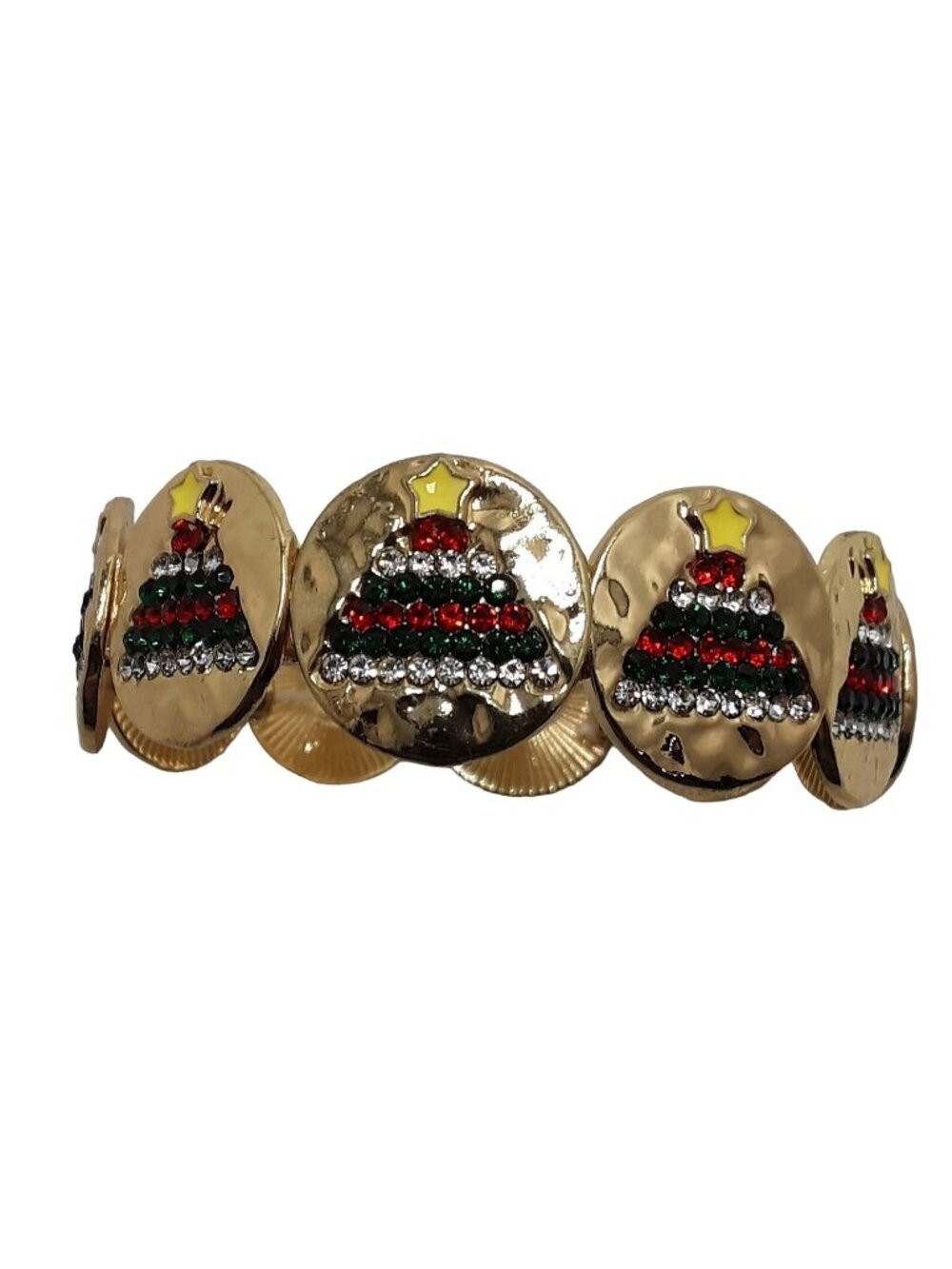 Rhinestone Christmas Tree Bracelet Gold Tone Stretch New